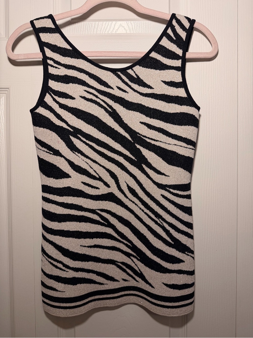 INC Black Beige XS Zebra Animal Print Metallic Shimmer Stretchy Knit Tank Top - Picture 3 of 8